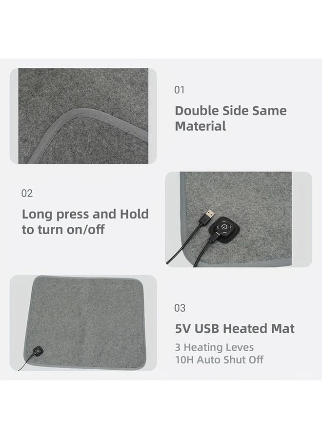 وسادة تدفئة كهربائية USB 60×50 سم 23.6×19.6 بوصة تعديل درجة الحرارة بثلاث مستويات إيقاف تلقائي بعد 10 ساعات سجادة دافئة للسيارة والمنزل والمكتب والتخييم رمادي - Image 5