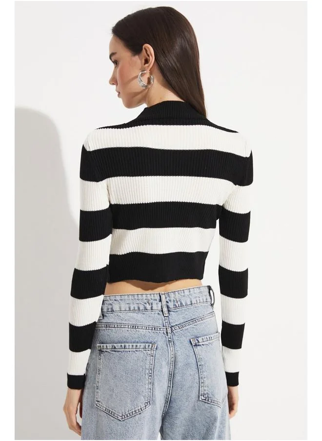 جون June Striped Crop Knitwear Sweater Black - Ecru