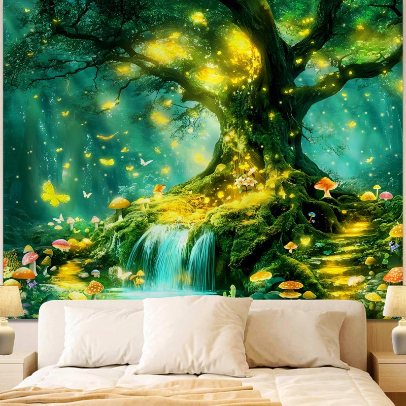 Apdidl Forest Nature Green Tapestry for Bedroom, Tree of Life Wall Art Big Tree Landscape Tapestries, Fairy Tales Fantasy Magical Butterfly Mushroom Backdrop Wall Hanging for Living Room Decor 51"X60" - Image 1