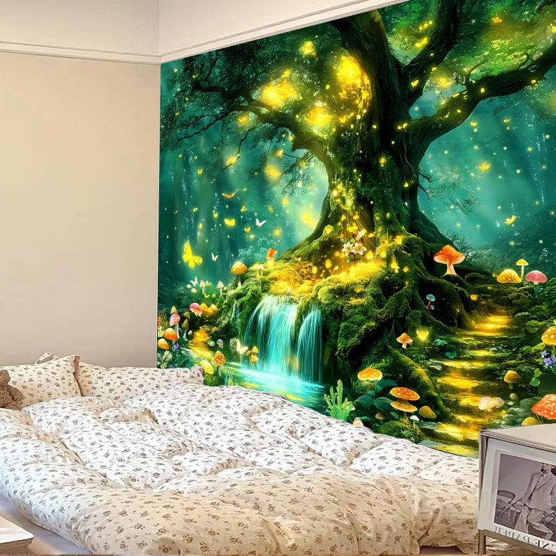 Apdidl Forest Nature Green Tapestry for Bedroom, Tree of Life Wall Art Big Tree Landscape Tapestries, Fairy Tales Fantasy Magical Butterfly Mushroom Backdrop Wall Hanging for Living Room Decor 51"X60" - Image 3