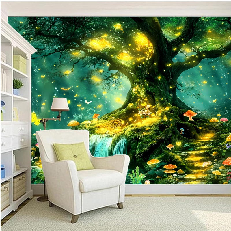 Apdidl Forest Nature Green Tapestry for Bedroom, Tree of Life Wall Art Big Tree Landscape Tapestries, Fairy Tales Fantasy Magical Butterfly Mushroom Backdrop Wall Hanging for Living Room Decor 51"X60" - Image 2