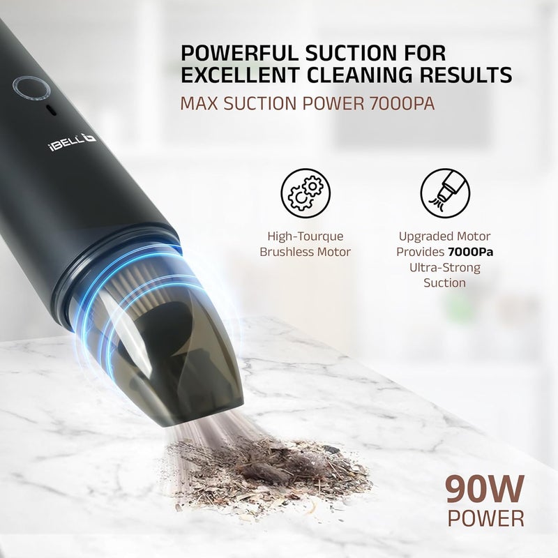 IBELL TURBOVAC700 Cordless Car Vacuum Cleaner – Rechargeable, Handheld, Wet & Dry Portable Vacuum with Powerful 7000 Pa Suction (Black) - Image 4