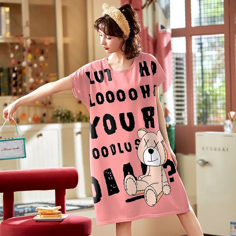 2022 Cartoon Short Sleeve Midi Sleep Dress 565 (pink) 