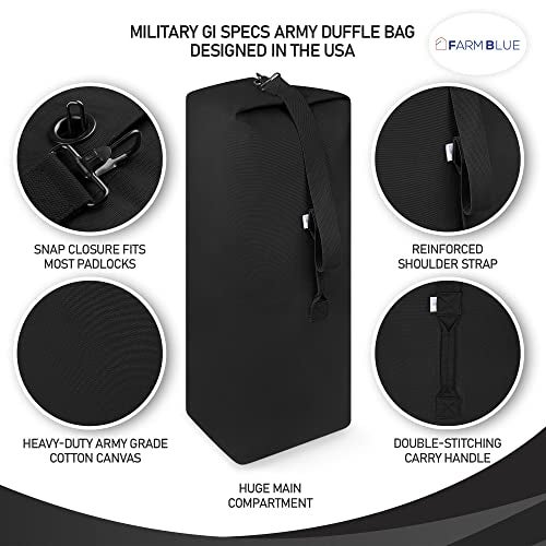 Farm Blue Top Load Duffle Bag - XL Non-Zipper Military Duffel Bags - Heavy Duty Army Grade Cotton Canvas Duffle Bags For Men Women & Students - XL Front Loading Tactical Gear Sack – 25” x 42” - Black - Image 4