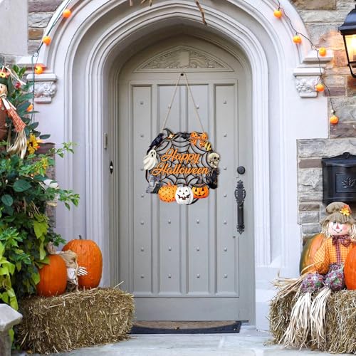 Sophena Halloween Decoration Wooden Ghost Door Halloween Wreath for Front Door Sign Wall Signs Decor, Pumpkin Black Cat Wreaths Sign Hanging for Home Wall Decor Outdoor Indoor Farmhouse Party Supply - Image 3