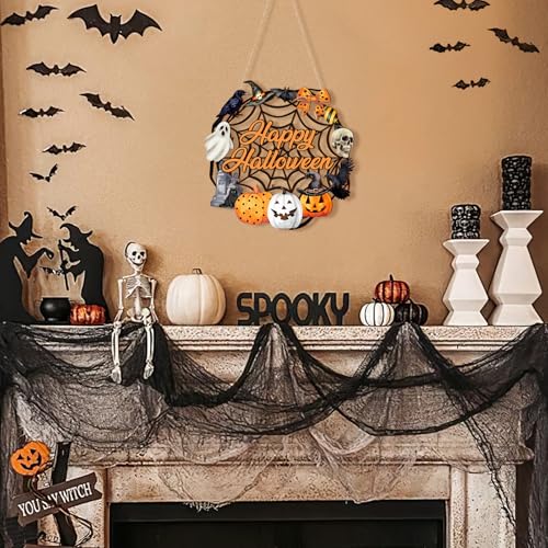 Sophena Halloween Decoration Wooden Ghost Door Halloween Wreath for Front Door Sign Wall Signs Decor, Pumpkin Black Cat Wreaths Sign Hanging for Home Wall Decor Outdoor Indoor Farmhouse Party Supply - Image 4