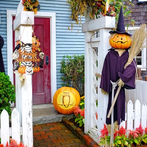 Sophena Halloween Decoration Wooden Ghost Door Halloween Wreath for Front Door Sign Wall Signs Decor, Pumpkin Black Cat Wreaths Sign Hanging for Home Wall Decor Outdoor Indoor Farmhouse Party Supply - Image 2