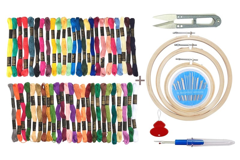TE Embroidery Kit with Wooden Hoop Ring 6,7,8 Inches, 50 Multicolor Threads, 30 Needles, 1 Seam Ripper, 1 Threader and 1 Thread Cutter for Cross Stitch (Emb. kit 4th & 5th aati) - Image 1