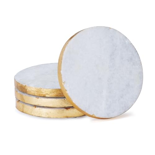 Thirstystone طقم 4 قطع من الحوامل الدائرية الطبيعية من الرخام الأبيض مع حواف ذهبية بقطر 4 إنش أنيقة وفاخرة وآمنة للأكواب - Image 1