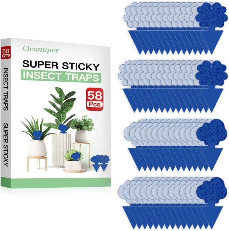 Cleanuper 58 Pcs Blue Flying Insect Traps for Plants,Indoors, Outdoors, Kitchen, Yellow Sticky Traps for Fungus Gnat, Fly and Fruit Fly, Flying Insects, Non-Toxic & Odorless, Kid & Pet Safe, Economic Pack - Image 2