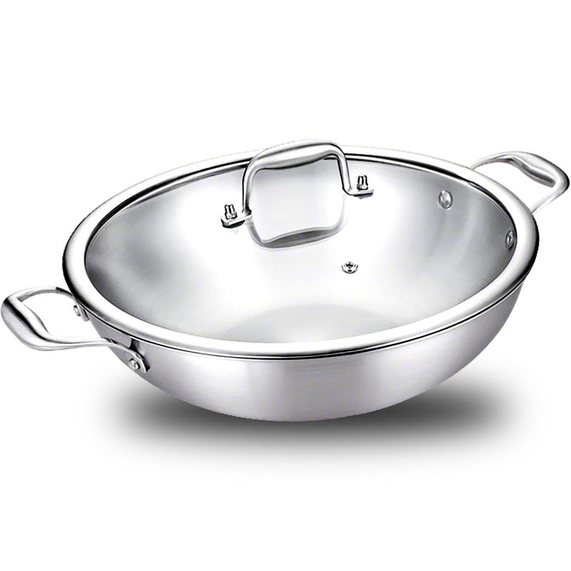 DELARLO TriPly Stainless Steel Flat Bottom Wok 13 Inch Braiser Pan with Lid Durable Large Frying pan Fast Even Heat Saute Pan Non Toxic Pan for Cooking Oven Broiler Safe 600FNot lids