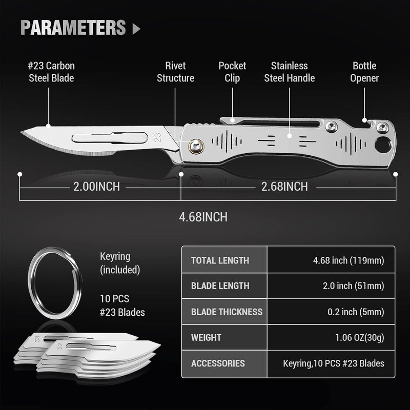 ITOKEY Folding Scalpel Knife, Scalpel Pocket Knife, Scalpels Surgical with 10pcs #23 Replaceable Razor Blades, Bottle Opener - Bread Lame Dough Scoring Tool, EDC Utility Knives, Small Keychain Knives - Image 3