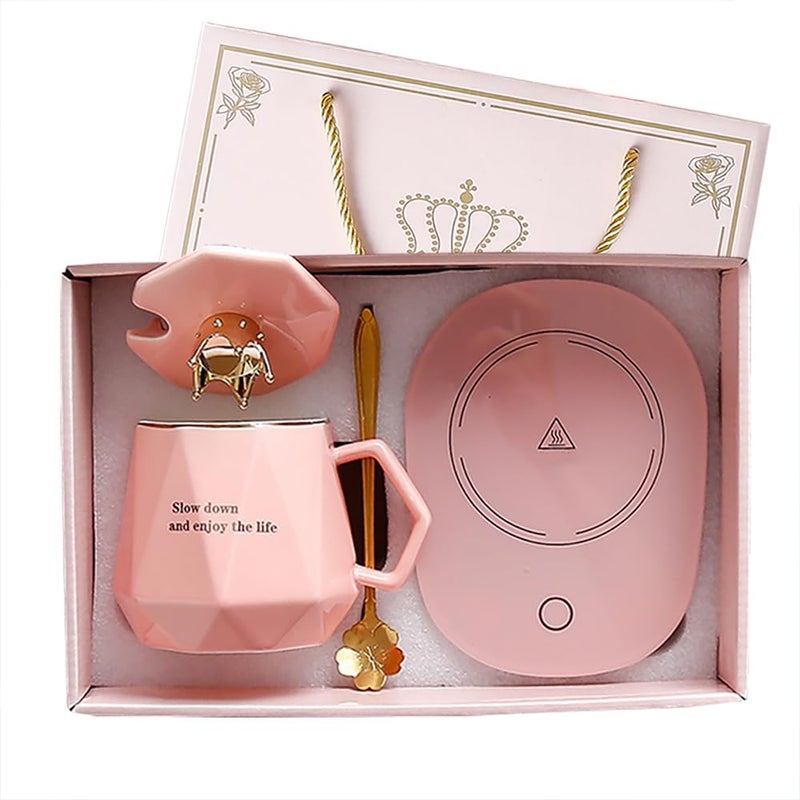 Coffee Warmer for Desk with Mug Set Cup Warmer with Automatic Shut Off Drink Warmer for Cocoa Tea Milk Gift for Birthday Mothers Day Valentines Day Womens Day Bestie Ladies Pink