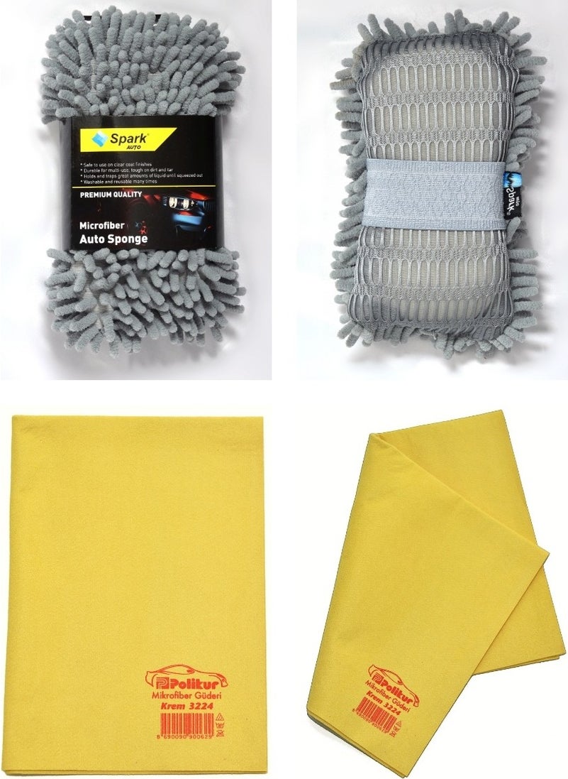 Spark 7040 Chenille Car Wash Sponge and Polikur 3224 Microfiber Chamois Car Drying Cloth (Set of 2)  - Image 1