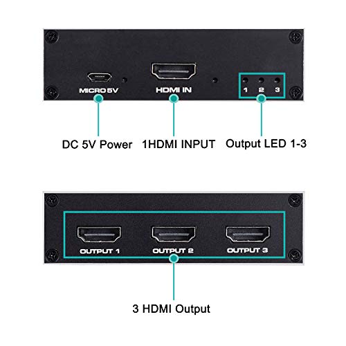 ENBUER 1x3 HDMI Splitter, 1 in 3 Out HDMI Splitter Audio Video Distributor Box Support 3D & 4K x 2K Compatible for HDTV, STB, DVD, PS3, Projector Etc - Image 5