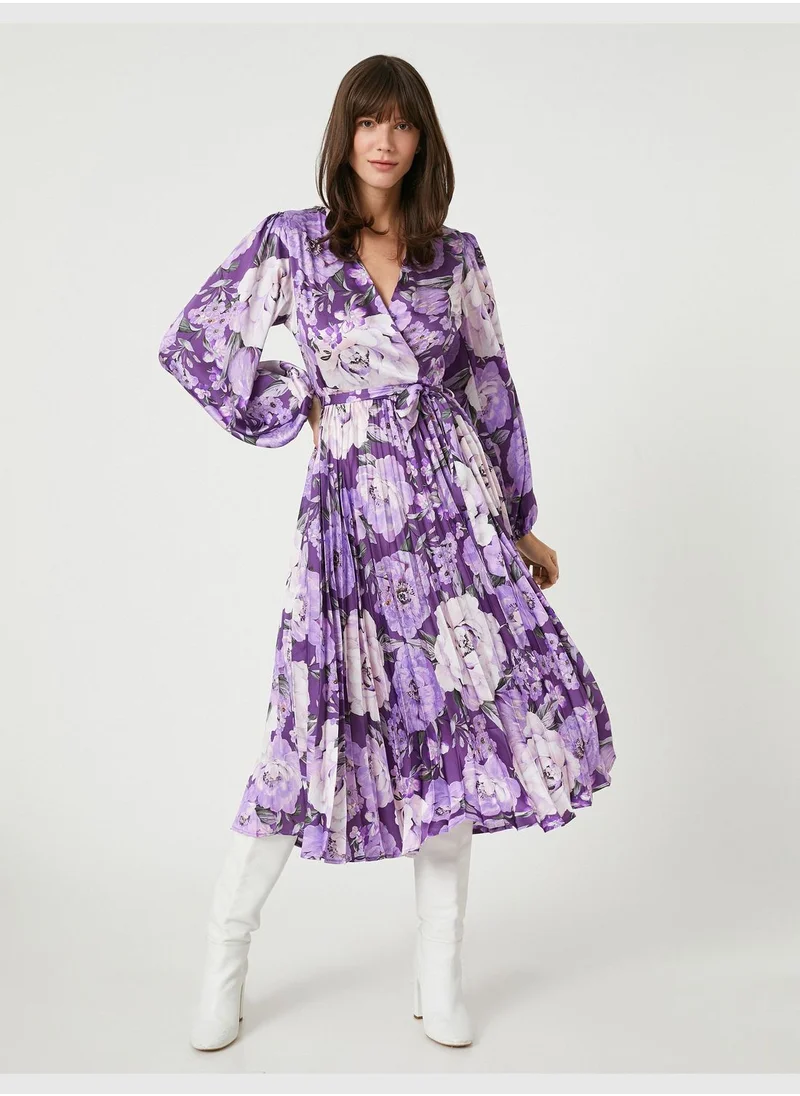 كوتون Floral Midi Dress Wrapped Waistbanded Pleated