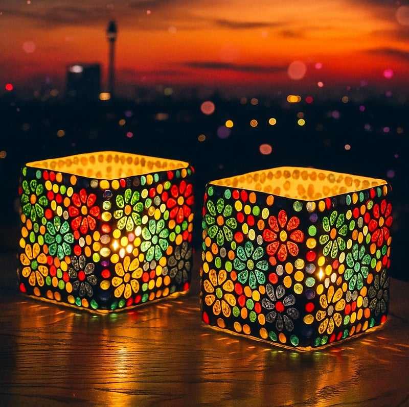 The Purple Tree Sqaure Mosaic Tealight Candle Holders (Pack of 2), Diwali Candle Holder, Mosaic tealight Holder, Diwali Gift, - Image 3