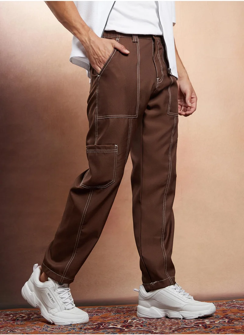 كامبوس سوترا Campus Sutra Men's Mocha Brown Contrast-Stitch Carpenter Utility Trousers For Casual Wear | Mid-Rise | Straight Fit | Button Closure | Trousers Crafted With Comfort Fit For Everyday Wear