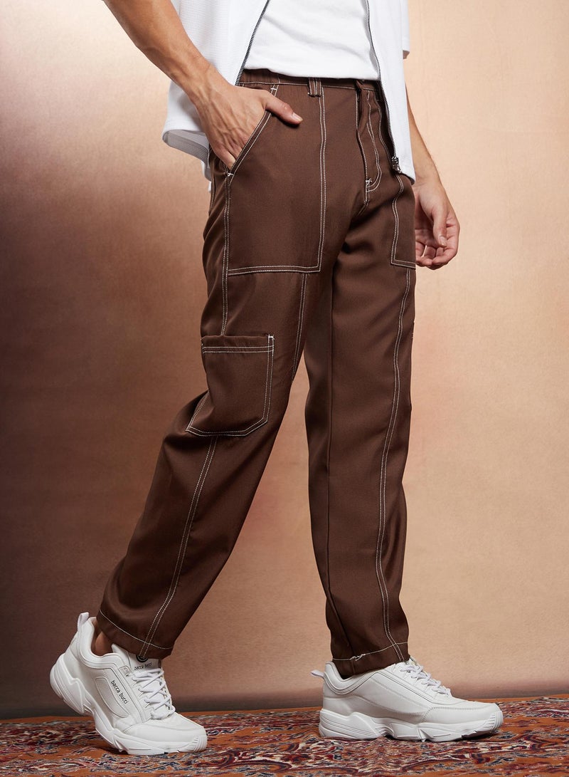 Campus Sutra Campus Sutra Men's Mocha Brown Contrast-Stitch Carpenter Utility Trousers For Casual Wear | Mid-Rise | Straight Fit | Button Closure | Trousers Crafted With Comfort Fit For Everyday Wear  - Image 1