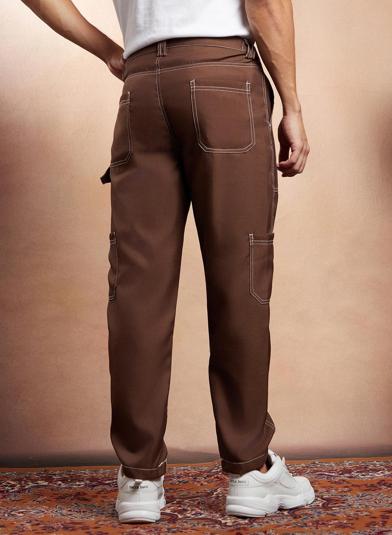 Campus Sutra Campus Sutra Men's Mocha Brown Contrast-Stitch Carpenter Utility Trousers For Casual Wear | Mid-Rise | Straight Fit | Button Closure | Trousers Crafted With Comfort Fit For Everyday Wear  - Image 5