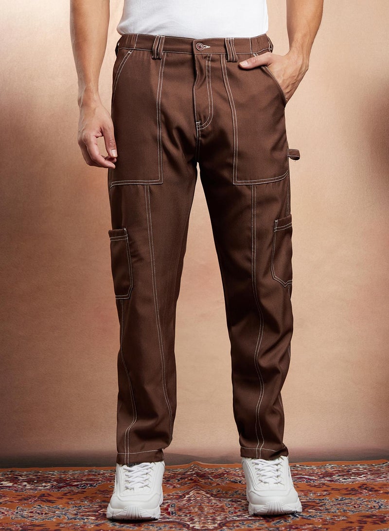 Campus Sutra Campus Sutra Men's Mocha Brown Contrast-Stitch Carpenter Utility Trousers For Casual Wear | Mid-Rise | Straight Fit | Button Closure | Trousers Crafted With Comfort Fit For Everyday Wear  - Image 2