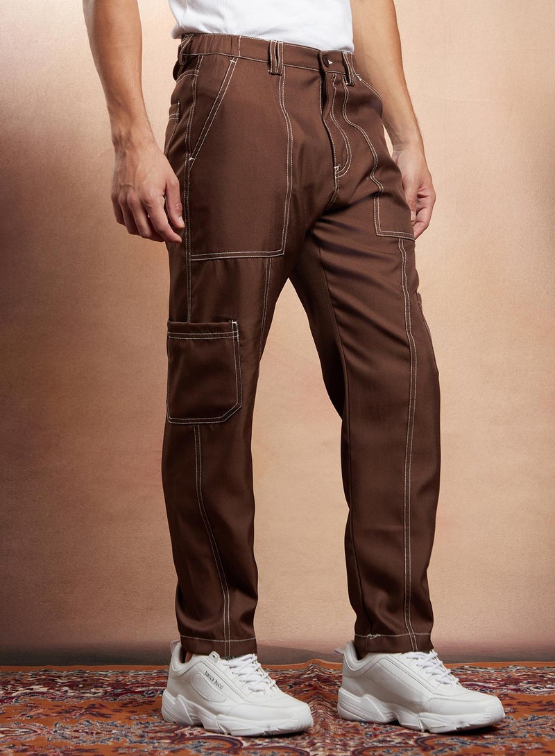 Campus Sutra Campus Sutra Men's Mocha Brown Contrast-Stitch Carpenter Utility Trousers For Casual Wear | Mid-Rise | Straight Fit | Button Closure | Trousers Crafted With Comfort Fit For Everyday Wear  - Image 3