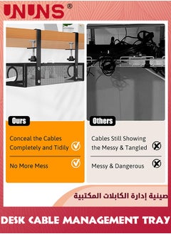 UNUNS Under Desk Cable Management Tray Black, No Drill Cable Management Organizer Under Desk,Cable Tray With Clamp For Desk Wire Management,Desk PC Cord Organizer Accessories For Home Office  - Image 2