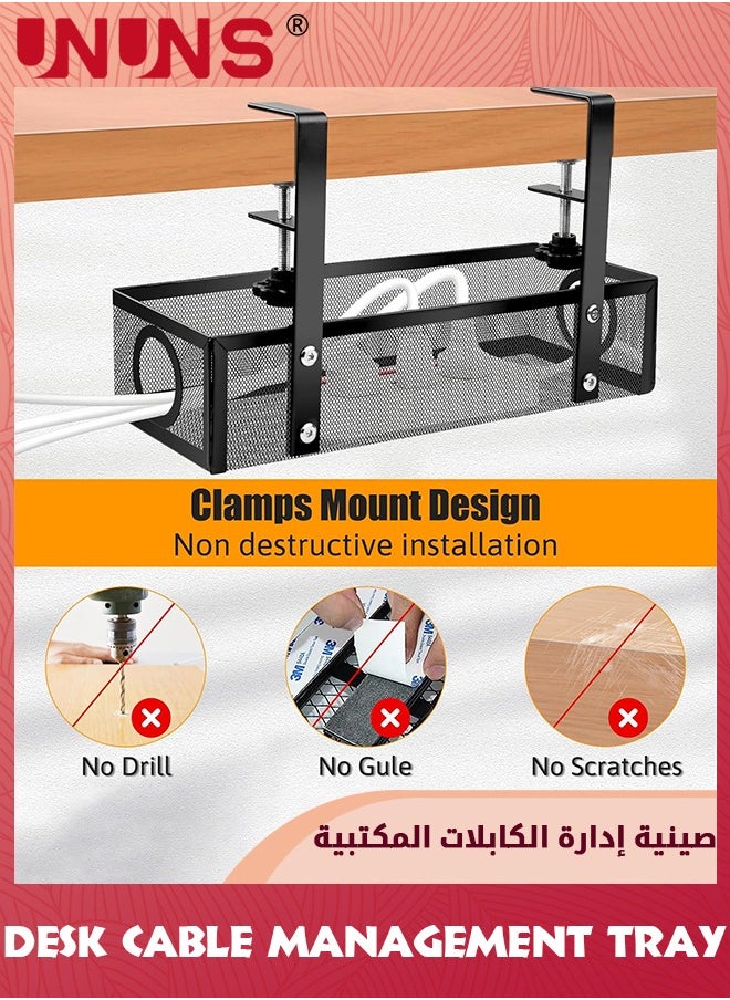 UNUNS - Under Desk Cable Management Tray Black, No Drill Cable Management Organizer Under Desk,Cable Tray With Clamp For Desk Wire Management,Desk PC Cord Organizer Accessories For Home Office - Image 1