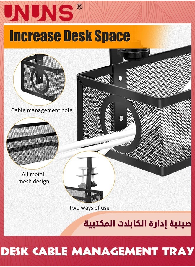 UNUNS - Under Desk Cable Management Tray Black, No Drill Cable Management Organizer Under Desk,Cable Tray With Clamp For Desk Wire Management,Desk PC Cord Organizer Accessories For Home Office - Image 1