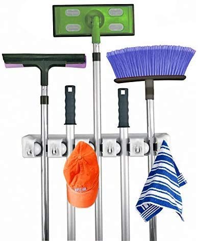 Sprade Garage Storage 5 Position with 6 Hook HolderWall Mount Mop Broom Holder StandKitchen Bathroom Closet Broom Rack - Image 1