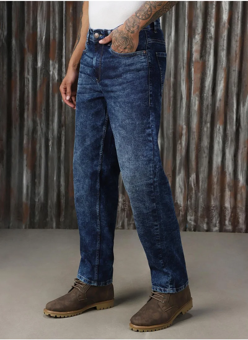 هاي ستار Men's Indigo 100% Cotton Distressed Full Length Tapered Fit Jeans