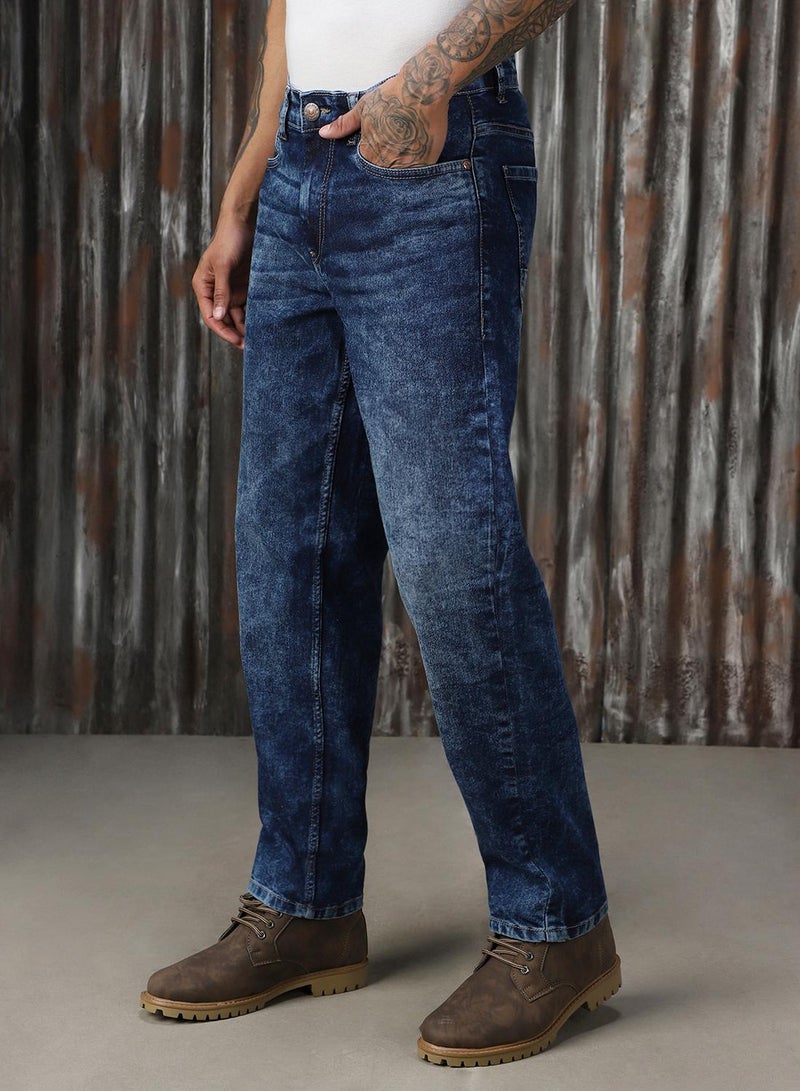 HIGH STAR Men's Indigo 100% Cotton Distressed Full Length Tapered Fit Jeans - Image 2