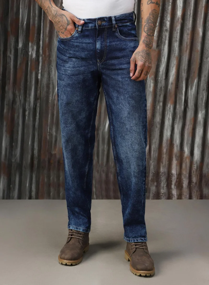 HIGH STAR Men's Indigo 100% Cotton Distressed Full Length Tapered Fit Jeans