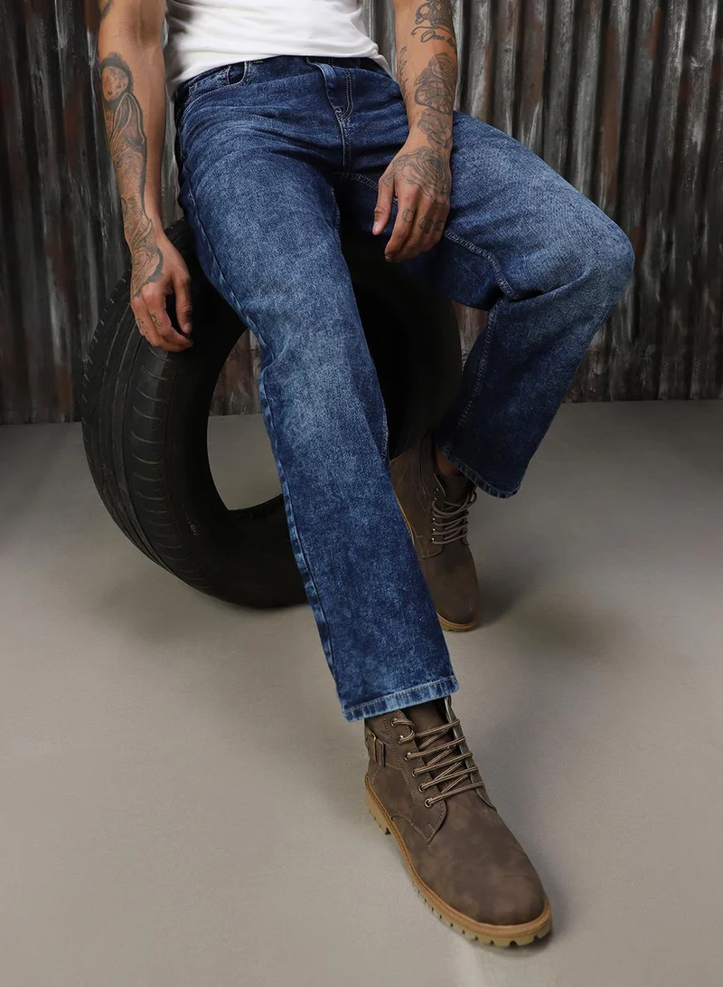 HIGH STAR Men's Indigo 100% Cotton Distressed Full Length Tapered Fit Jeans