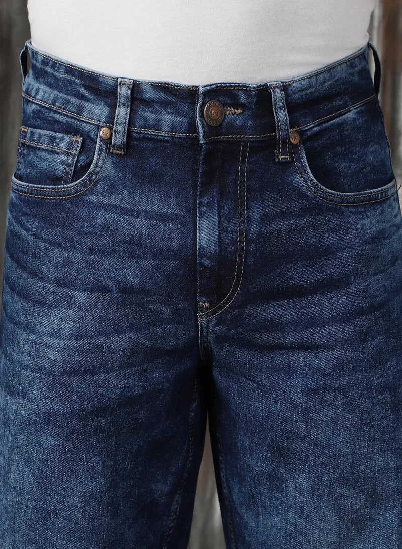 HIGH STAR Men's Indigo 100% Cotton Distressed Full Length Tapered Fit Jeans