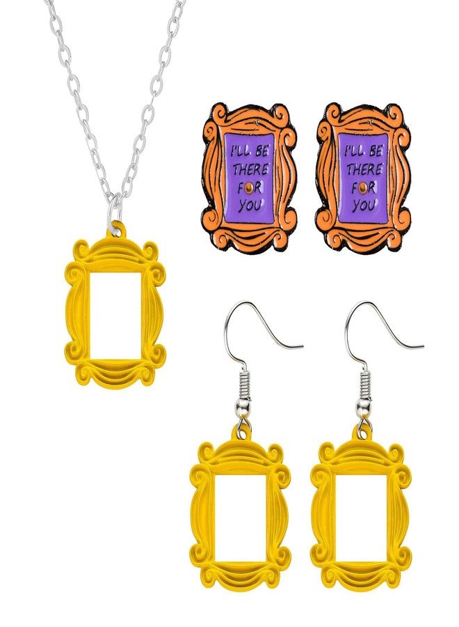 WCRAZYE Friends Earrings Necklace Brooch Set for Women Unique Yellow TV Show Merchandise Friend Themed Frame Necklace Monica Peephole Door Frame Dangle Drop Earring 90s Themed Jewelry Gift (Friend Jewelry Set) - Image 1