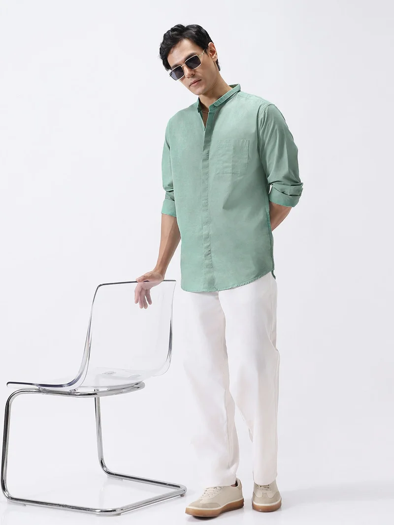 Urbano Fashion  Urbano Fashion Men's Mint Cotton Full Sleeve Regular Fit Casual Solid Shirt with Band Collar  | Best Price UAE