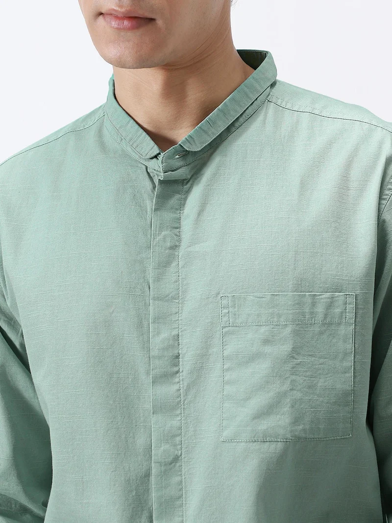 Urbano Fashion  Urbano Fashion Men's Mint Cotton Full Sleeve Regular Fit Casual Solid Shirt with Band Collar  | Best Price UAE