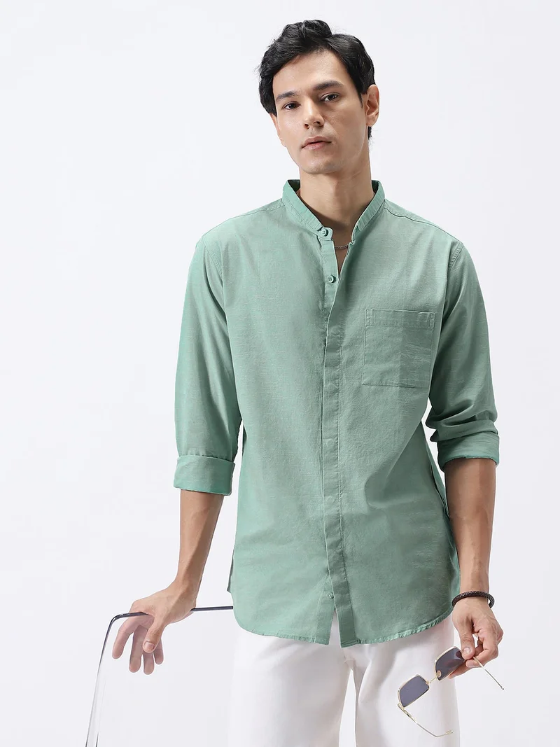 Urbano Fashion  Urbano Fashion Men's Mint Cotton Full Sleeve Regular Fit Casual Solid Shirt with Band Collar  | Best Price UAE