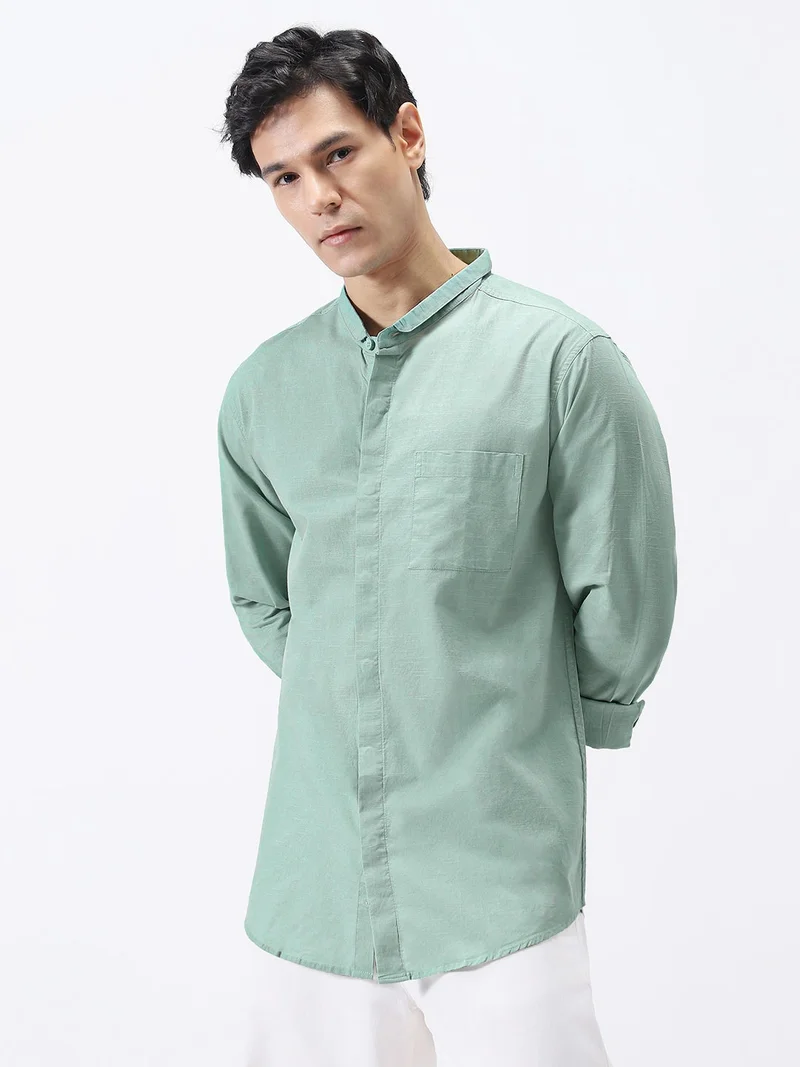 Urbano Fashion Men's Mint Cotton Full Sleeve Regular Fit Casual Solid Shirt with Band Collar
