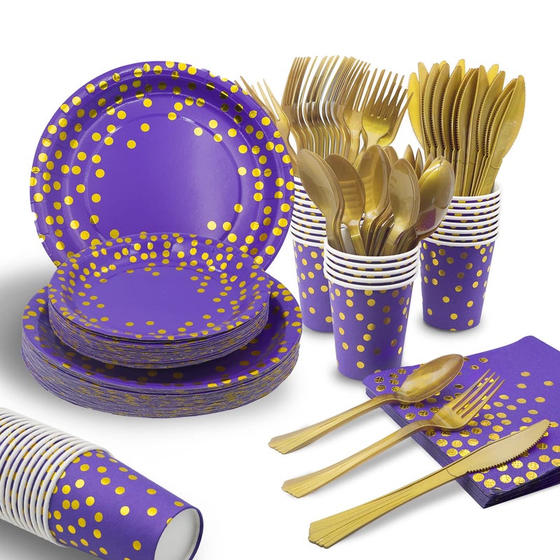 AIRE 175PCS Purple Gold Paper Plates Party Supplies for 25 Guests Party Decorations Disposable Dinnerware Paper Plates Cups Napkins Gold Plastic Forks Knives Spoons for Birthday Baby Shower Wedding - Image 1