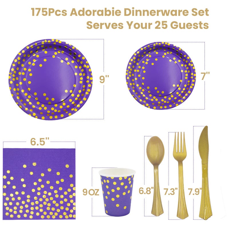 AIRE 175PCS Purple Gold Paper Plates Party Supplies for 25 Guests Party Decorations Disposable Dinnerware Paper Plates Cups Napkins Gold Plastic Forks Knives Spoons for Birthday Baby Shower Wedding - Image 2