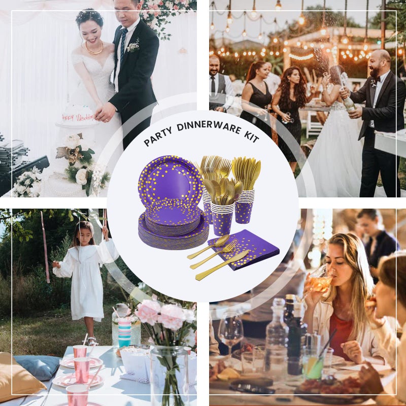 AIRE 175PCS Purple Gold Paper Plates Party Supplies for 25 Guests Party Decorations Disposable Dinnerware Paper Plates Cups Napkins Gold Plastic Forks Knives Spoons for Birthday Baby Shower Wedding - Image 5