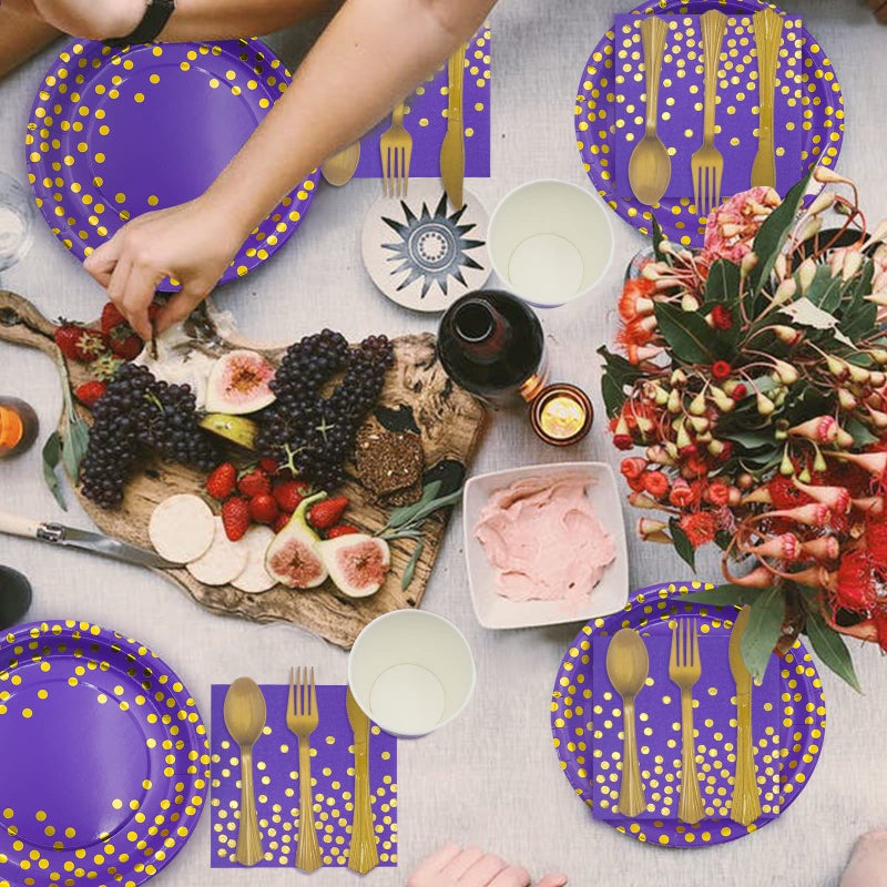 AIRE 175PCS Purple Gold Paper Plates Party Supplies for 25 Guests Party Decorations Disposable Dinnerware Paper Plates Cups Napkins Gold Plastic Forks Knives Spoons for Birthday Baby Shower Wedding - Image 4