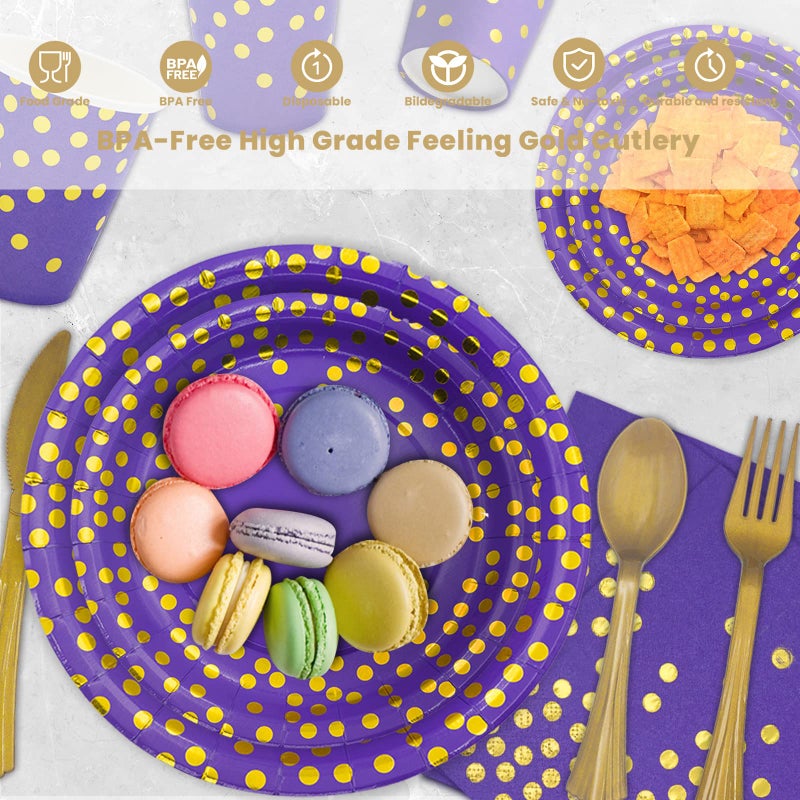 AIRE 175PCS Purple Gold Paper Plates Party Supplies for 25 Guests Party Decorations Disposable Dinnerware Paper Plates Cups Napkins Gold Plastic Forks Knives Spoons for Birthday Baby Shower Wedding - Image 3