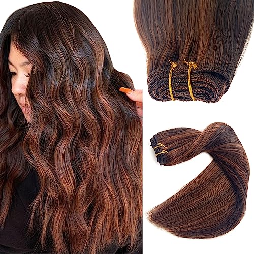 Ubetta Sew in Hair Extensions Real Human Hair, Weft Hair Hair Bundles 20 Inch 100G Dark Brown Balayage Aurbun Brown Highlights Hand Tied Hair Hair Remy - Image 1