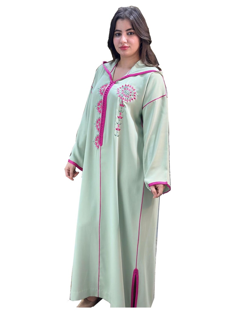 Al Merrakchiya Women’s Djellaba – Long Moroccan Kaftan | Traditional Kabylen Style Arabic Dress | Comfortable Soft Crepe Fabric | Long Sleeve Jalabiya For Womens-Light Green-DD7 - Image 1