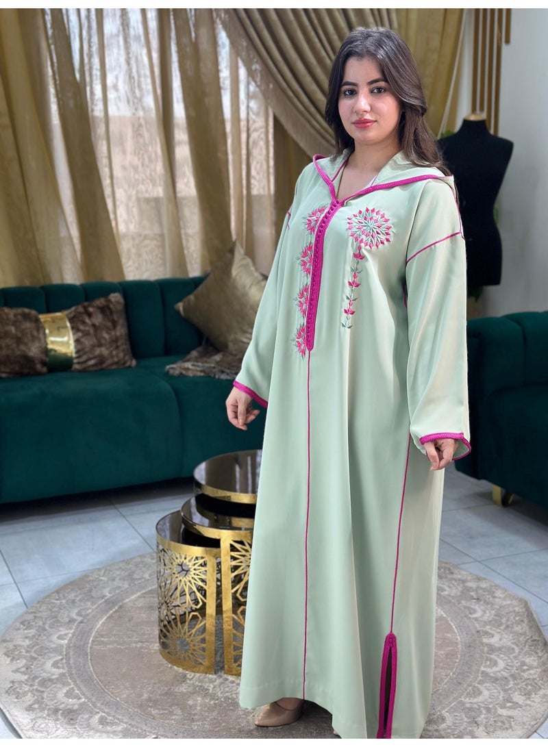 Al Merrakchiya Women’s Djellaba – Long Moroccan Kaftan | Traditional Kabylen Style Arabic Dress | Comfortable Soft Crepe Fabric | Long Sleeve Jalabiya For Womens-Light Green-DD7 - Image 2
