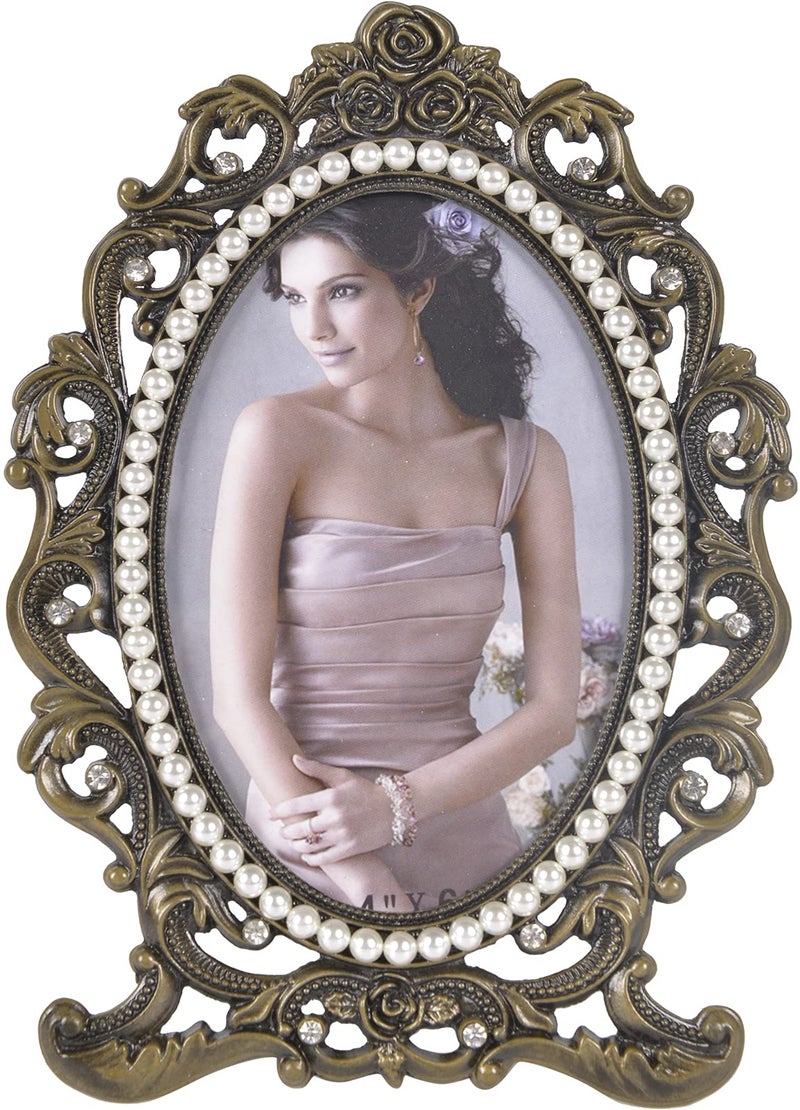 ChezMax Vintage Picture Photo Frames 3x5 Ellipse Rose Antique Picture Frame Retro Metal Ornate Flower Frame with Glass Tabletop and Wall Hanging Home Decor Decorative Gallery Art Photo Display