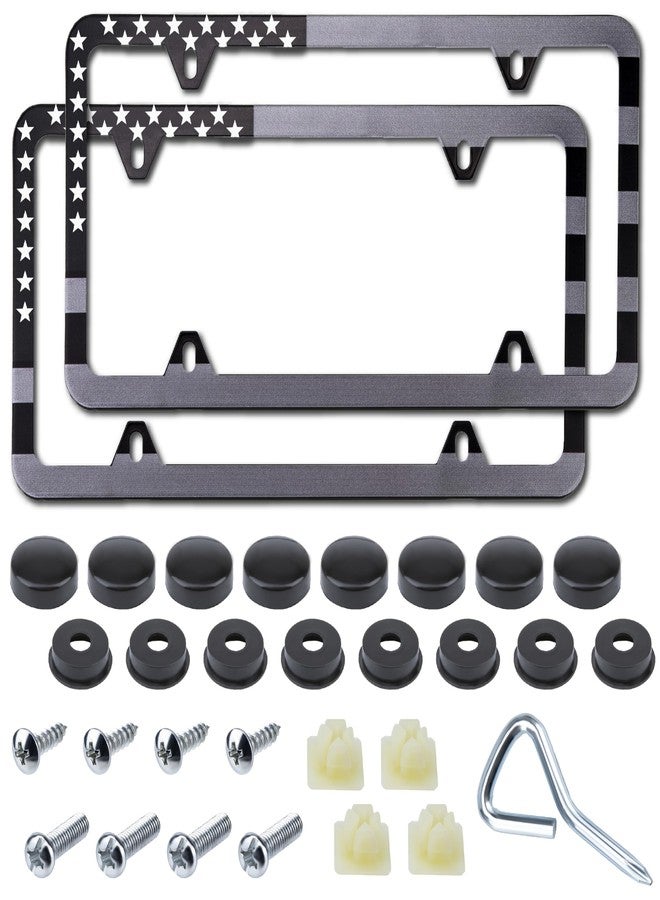 ecocstm 2 Pack American Flag License Plate Frame Holder, Universal Matte Stripe US Flag Patriotic, Stainless Steel Car Plate Frame Covers with Screws Fasteners Caps and Tool - Image 1